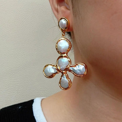 YYGEM Gold plated Cross shape Natural Freshwater Cultured White Coin Pearl Crucifix Drop Stud Earrings Fashion Jewelry For Gift