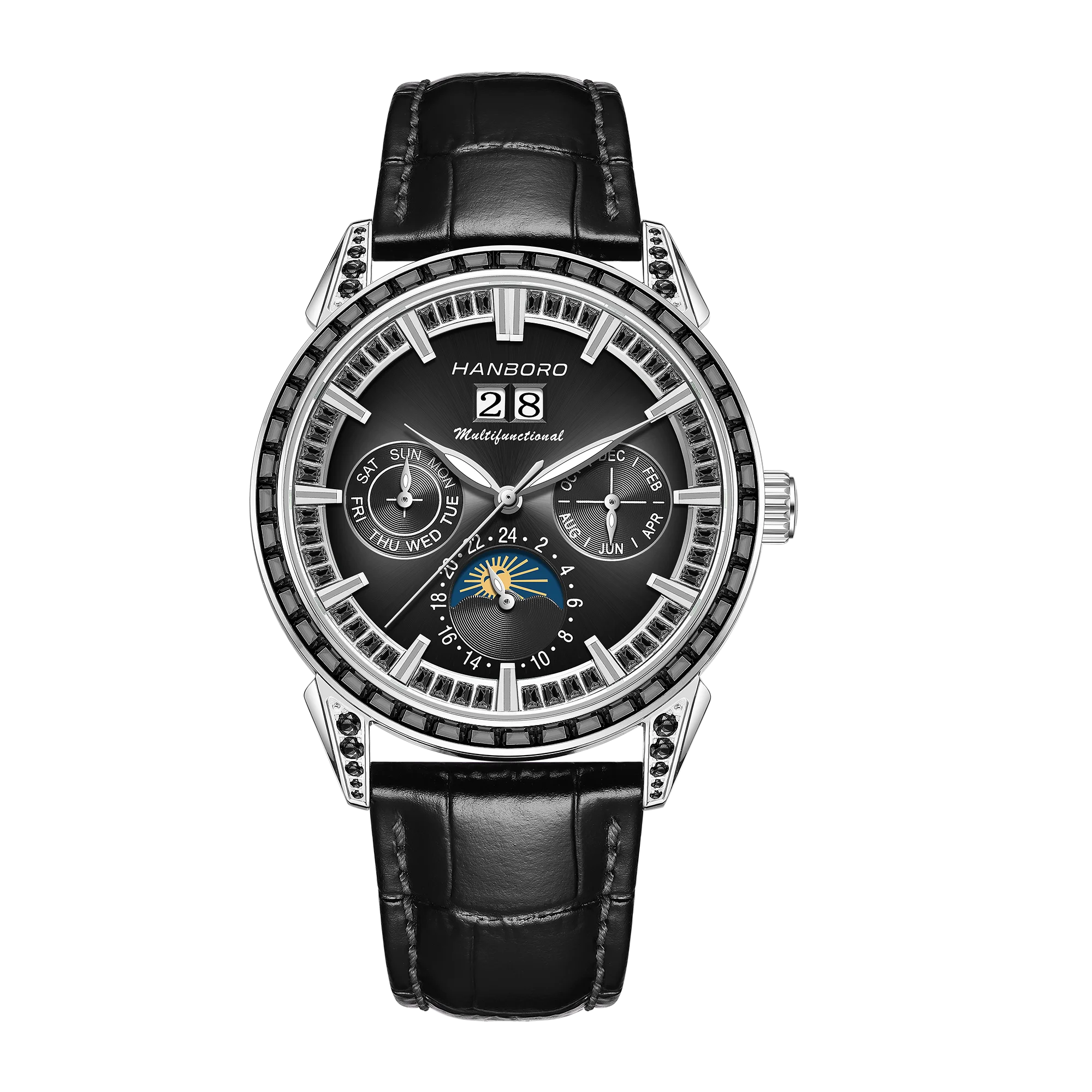 HANBORO Men's Luxury Automatic Mechanical Sports Watch Hollow Pointer Full Diamonds Calendar Luminous Stainless Steel...