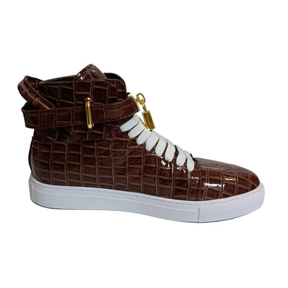 Luxury Designer Men Crocodile Pattern High Top Sneakers Glossy Patent Leather Gold Buckle Lace-up Casual Street Shoes Footwear