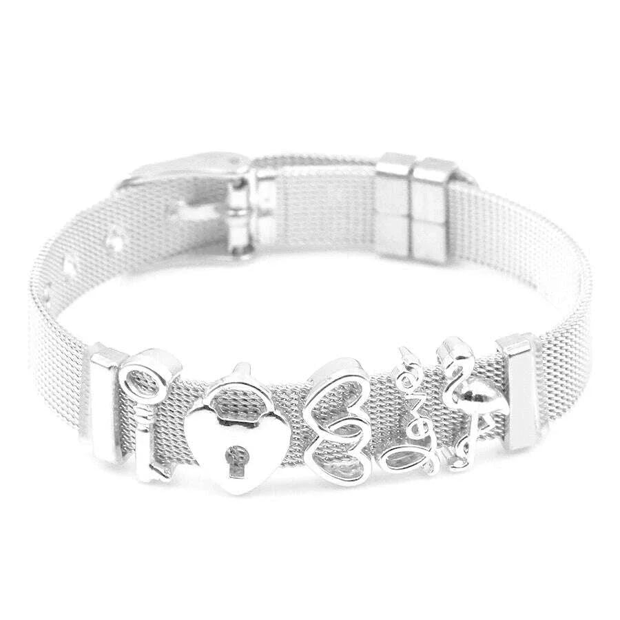 DINGLLY Two-tone Stainless Steel Mesh Bracelets For Women Men Love Heart Beaded 10mm Ribbon Mesh Bracelet & Bangle Gifts