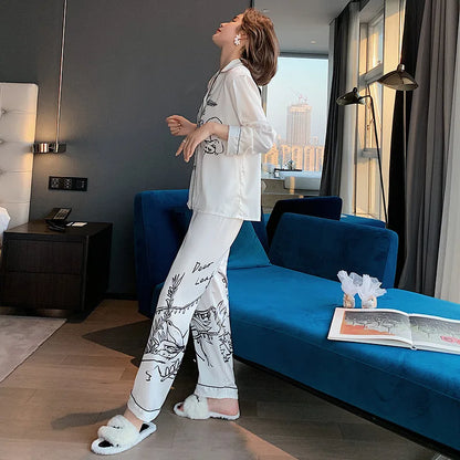 QSROCIO Women's Pajamas Set Luxury Style Fashion Natural Animal Graffiti Sleepwear Silk Like Leisure Home Clothes...