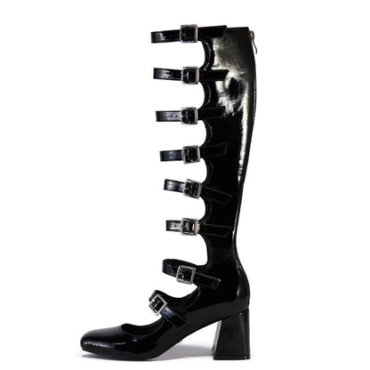 Summer Belt Buckles Women Knee High Boots Chunky Heels Patent Long Booties Sexy Square Toe Back Zipper Sandals Shoes