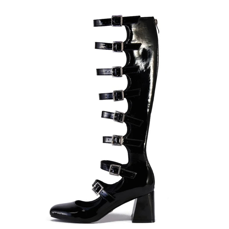 Summer Belt Buckles Women Knee High Boots Chunky Heels Patent Long Booties Sexy Square Toe Back Zipper Sandals Shoes