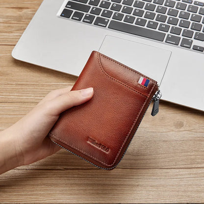 William POLO Genuine Leather Men Wallet With Card Holder Short Purse Zipper Wallets Casual Standard Wallets for Men