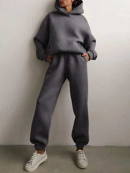 Women's Tracksuit Casual Solid Long Sleeve Hooded Sport Suits Autumn Warm Hoodie Sweatshirts and Long Pant Fleece Two Piece Sets - Kimlud