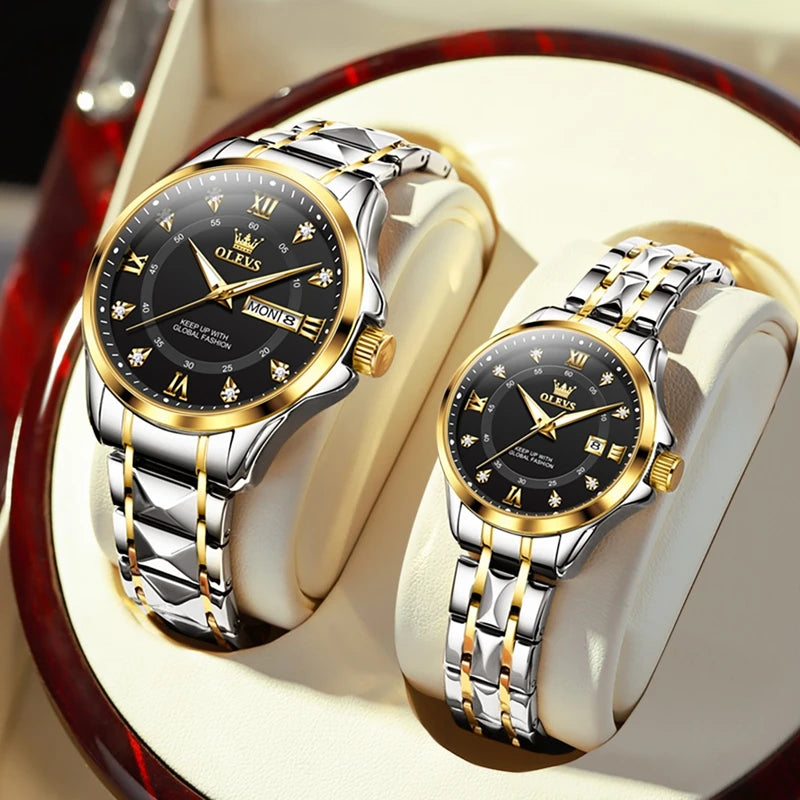Luxury Unisex Olevs Stainless Steel Quartz Waterproof Couple Watch for Lovers