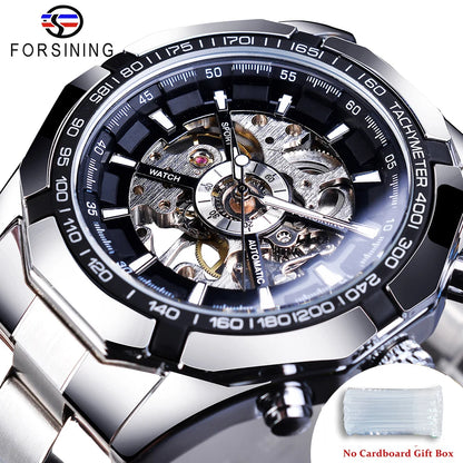Forsining 2025 Stainless Steel Waterproof Mens Skeleton Watches Top Brand Luxury Transparent Mechanical Sport Male Wrist Watches