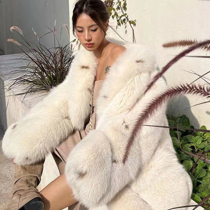 Women's Full Leather Fox Fur Coat with Midi Loose Spotted Design Shawl Collar Winter Casual Print Outerwear