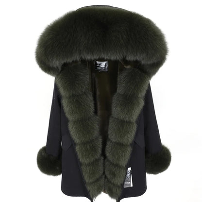 Maomaokong Winter Women Luxur Beige Fur Coat Natural Real Fox Fur Waterproof Jacket Hooded Thick Warm Fashion Long Black Parkas