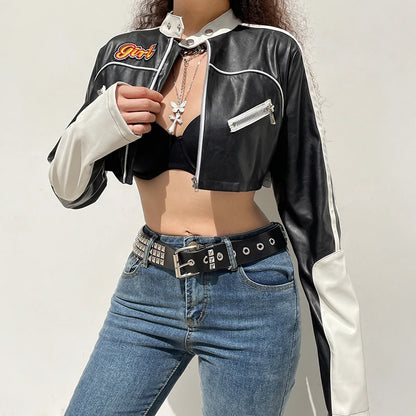 Darlingaga Streetwear Punk Style Patchwork Cropped PU Leather Jacket Women Zipper Autumn Winter Jacket Contrast Color Basic Coat