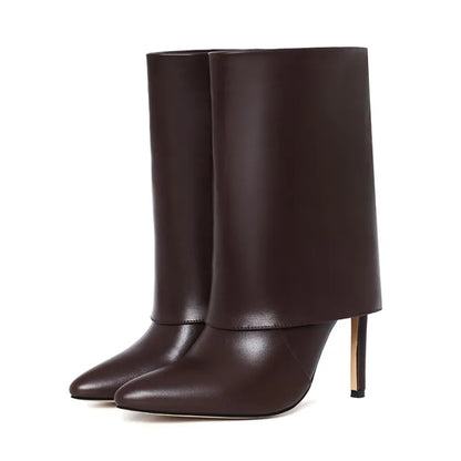 Solid Folding Design Pointed Toe Booties for Women Thin High Heel Slip-on Short Shoes Fashion Western Plus Size 43 Ankle Boots