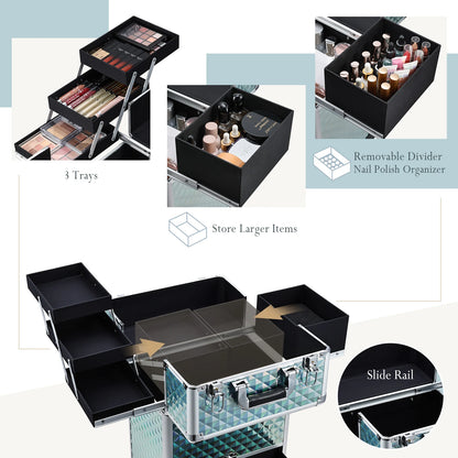 2025 Portable Makeup Case with Large Capacity Drawer Open Closure Train Case Trolley Organizer for Beauty Professionals