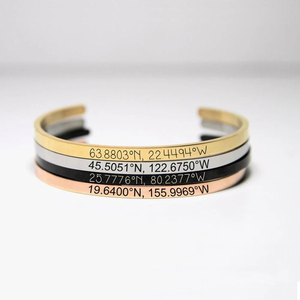 Customized Coordinate Engraved Name Text Heart Hole Cuff Bangle Personalized Bar Necklace Stainless Steel Bracelet Men...