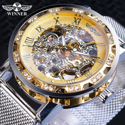 Winner Golden Watches Men Skeleton Mechanical Watch Crystal Mesh Slim Stainless Steel Band Top Brand Luxury Hand Wind Wristwatch