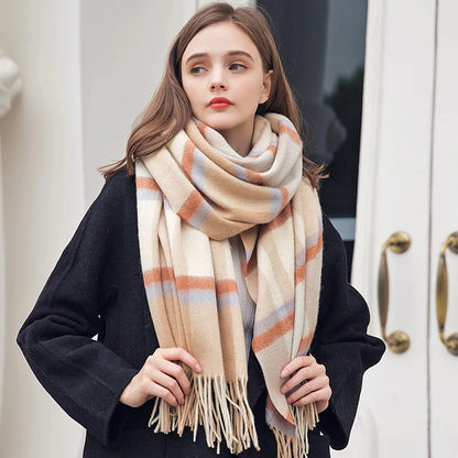 Winter 100% Lamb Wool Scarf Women Luxury Thicken Warm Shawls Wraps Checkered Pashmina Foulard Femme Plaid Cashmere...