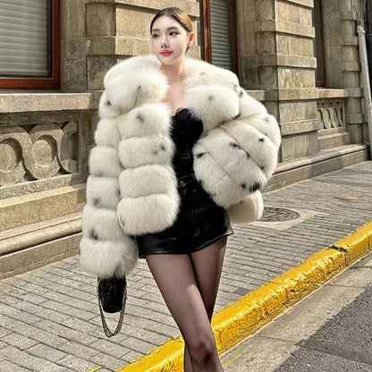 New Full Skin Leopard Print Spotted Fur Collar Fur Integrated Fox Fur Grass Jacket Coat for Women