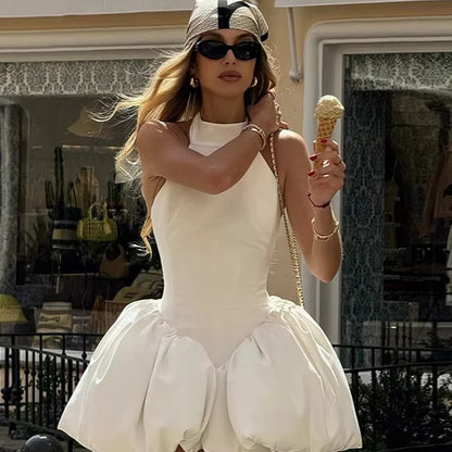 RedPeony Women New Elegant Backless Pleated Puff Hem Mini Dress Chic Solid High Waist Lace up Gowns Lady Vacation Mini Dress