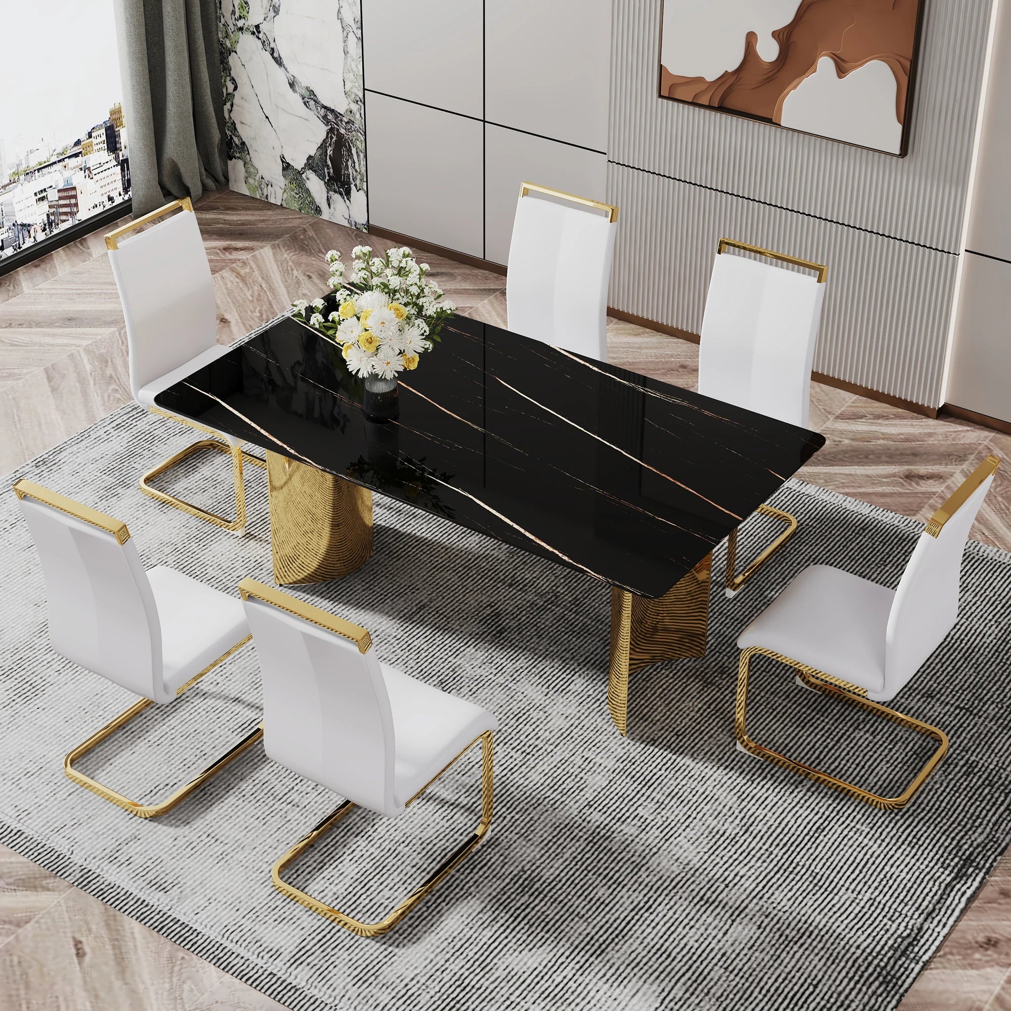 Modern Minimalist Square Dining Table with Black Patterned Glass Top Golden Metal Legs for Home Furniture Apartments...