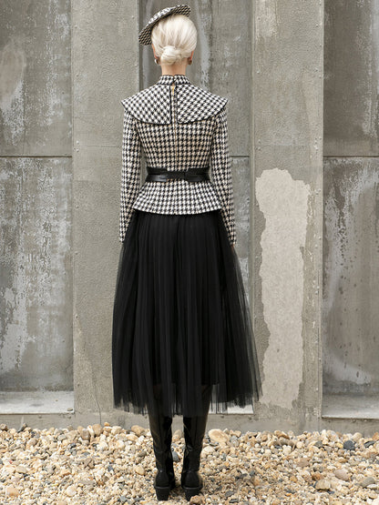 tailor shop Retro Slim and thin dark brown houndstooth winter female light luxury top and skirt Semi-Formal Dresses - Kimlud