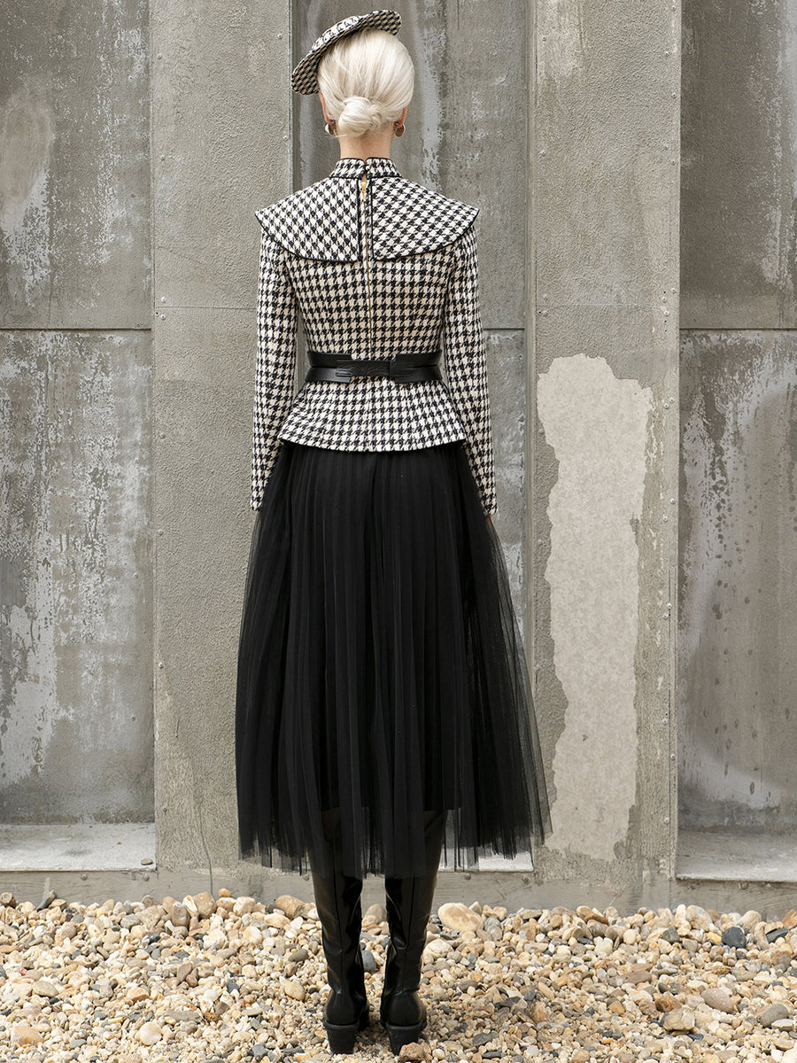 tailor shop Retro Slim and thin dark brown houndstooth winter female light luxury top and skirt Semi-Formal Dresses - Kimlud