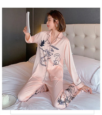 QSROCIO Women's Pajamas Set Luxury Style Fashion Natural Animal Graffiti Sleepwear Silk Like Leisure Home Clothes...