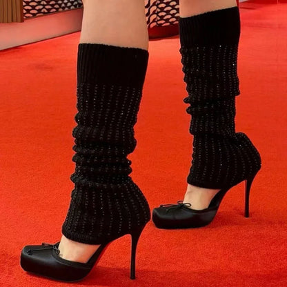Diamonds Knitting Upper Summer High Heels Shoes Front Bow Square Toe Knee High Boots Pleated Stretchy Cut Out Socks Sandals