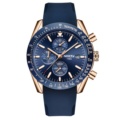 NIBOSI 2615 Business Style Men Watch Luminous Real Leather Band Wristwatch Silicone Strap Chronograph Quartz Watches