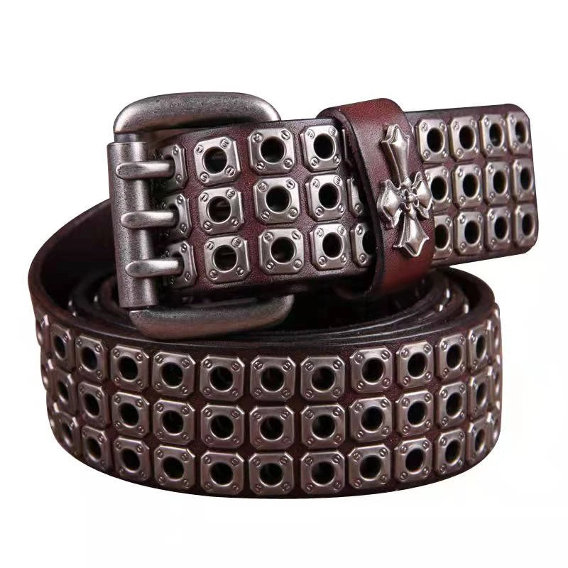 Studded Heavy Metal Style Belt Handmade Leather Pank Rock Style Men's Belt Cowhide Retro Tactical belt Jeans Belt - Kimlud