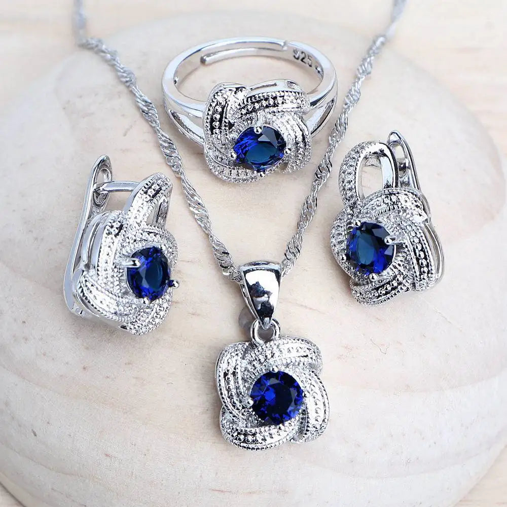 Blue Zirconia Women Jewelry Sets 925 Sterling Silver Wedding Bridal Costume Jewellery Earrings Rings Bracelets Pendant...