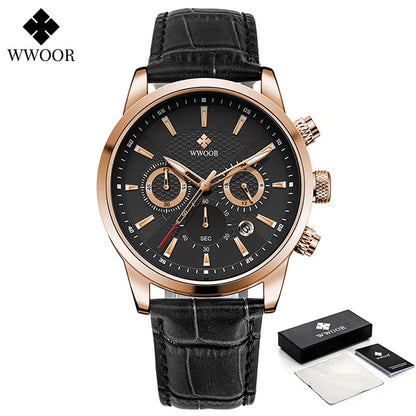 2024 New WWOOR Design Men Watches Top Brand Luxury Waterproof Leather Quartz Wristwatch Sports Chronograph Relogio Masculino+Box