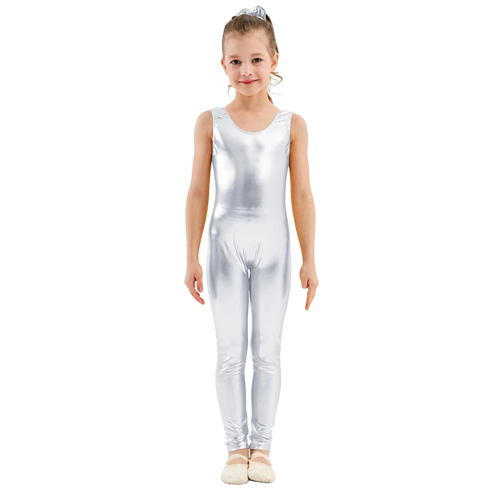 AOYLISEY Kids Tank Shiny Metallic Unitard Gymnastics Jumpsuits One-piece Full Body Leotards for Girls Boys Child CospalyZentai