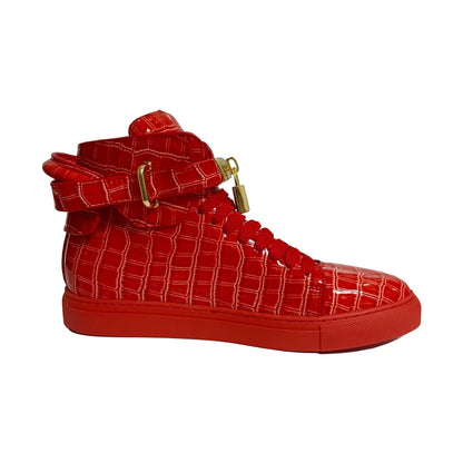 Luxury Designer Men Crocodile Pattern High Top Sneakers Glossy Patent Leather Gold Buckle Lace-up Casual Street Shoes Footwear