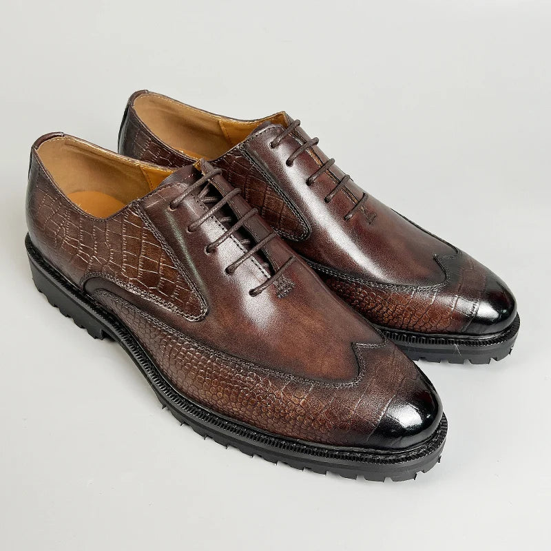 Men Dress Formal Shoes Genuine Leather Office Shoe for Business Social Elegant Handmade Printing Oxfords Lace up Shoes