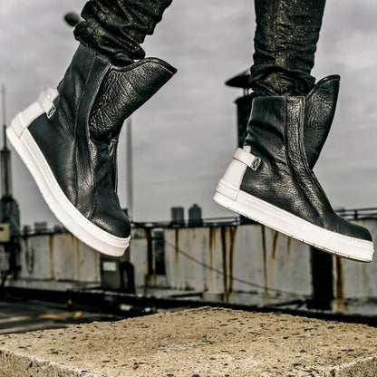 Men High-Top Casual Shoes Designer Slip-On Genuine Leather Platform Boots Winter Black Sneakers Personality Safety Work Boots