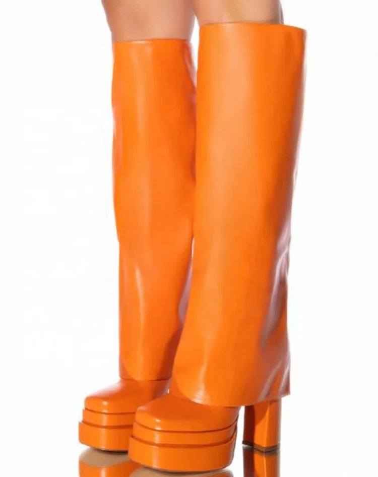 Overlay Wide Leg Fit Shoes Women High Chunky Heel Knee High Platform Boots Fold Over Square Toe Slip on Long Booties