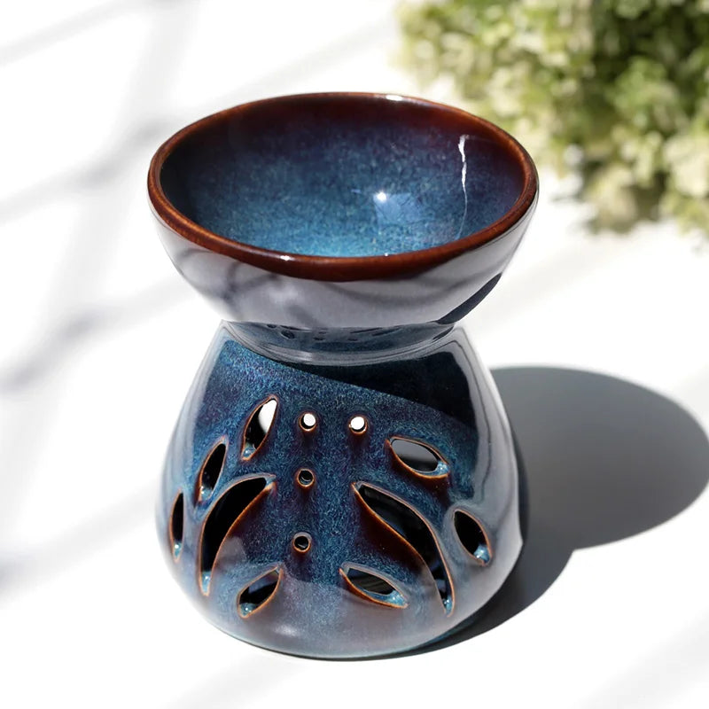 Ceramic Aromatherapy Burner Hollow Essential Oil Furnace Yoga SPA Hotel Living Room Decor Aroma Lamp Black Blue Candle Holder