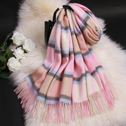 Winter 100% Lamb Wool Scarf Women Luxury Thicken Warm Shawls Wraps Checkered Pashmina Foulard Femme Plaid Cashmere...