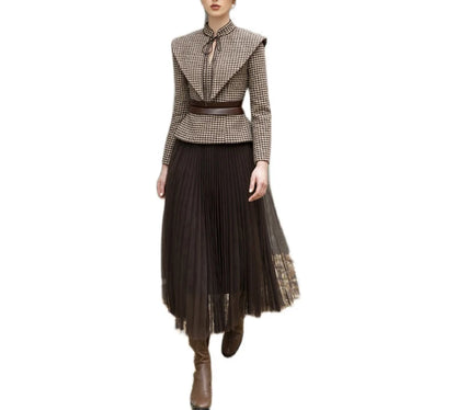 tailor shop Retro Slim and thin dark brown houndstooth winter female light luxury top and skirt Semi-Formal Dresses - Kimlud