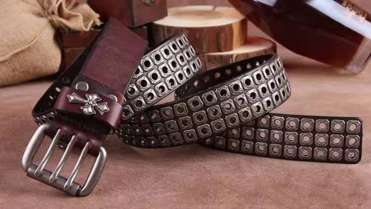 Studded Heavy Metal Style Belt Handmade Leather Pank Rock Style Men's Belt Cowhide Retro Tactical belt Jeans Belt - Kimlud