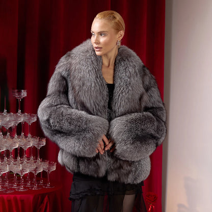 Vintage Style Short Luxury Real Fox Fur Winter Casual Jacket with Polyester Lining Shawl Collar Elegant Coat for Women