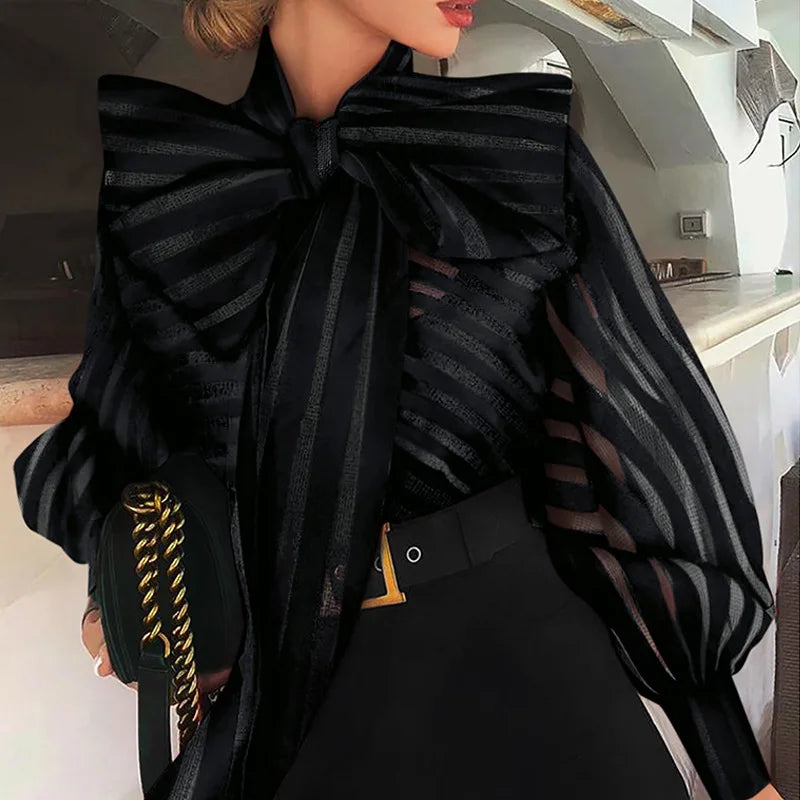 Europe Spring Womens Red Striped Organza Blouses Sexy Perspective Lace-up Bow Mesh Blusas Tops Lantern Sleeve Black Femme Shirt