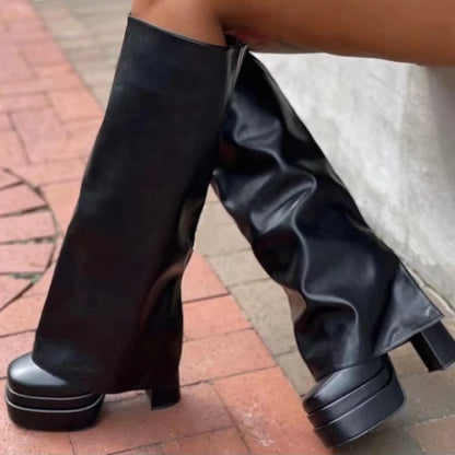 Overlay Wide Leg Fit Shoes Women High Chunky Heel Knee High Platform Boots Fold Over Square Toe Slip on Long Booties