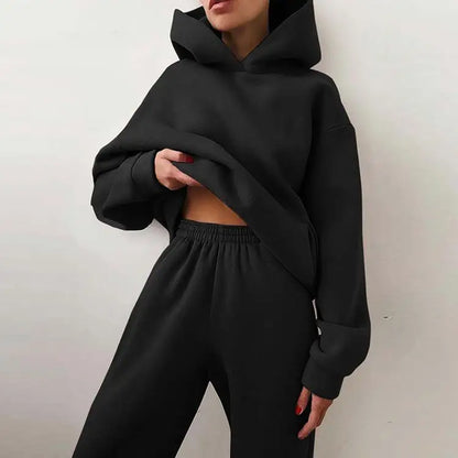 Women Hoodies + Pants Tracksuit Two Piece Set Casual Fleece Hooded Long Sleeve Tops Pants Autumn Winter Solid Color Suits