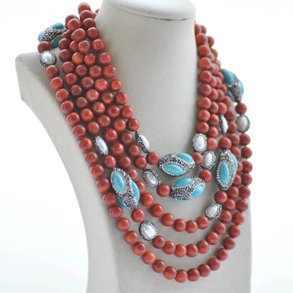 Z10316 100" Red Coral 30mm Turquoise Shuttle Pearl CZ Necklace