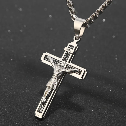Stainless Steel Crucifix Jesus Cross Necklace Pendant Multilayer Jesus Christ Crucifix Necklaces with 24'' Chain Top Quality