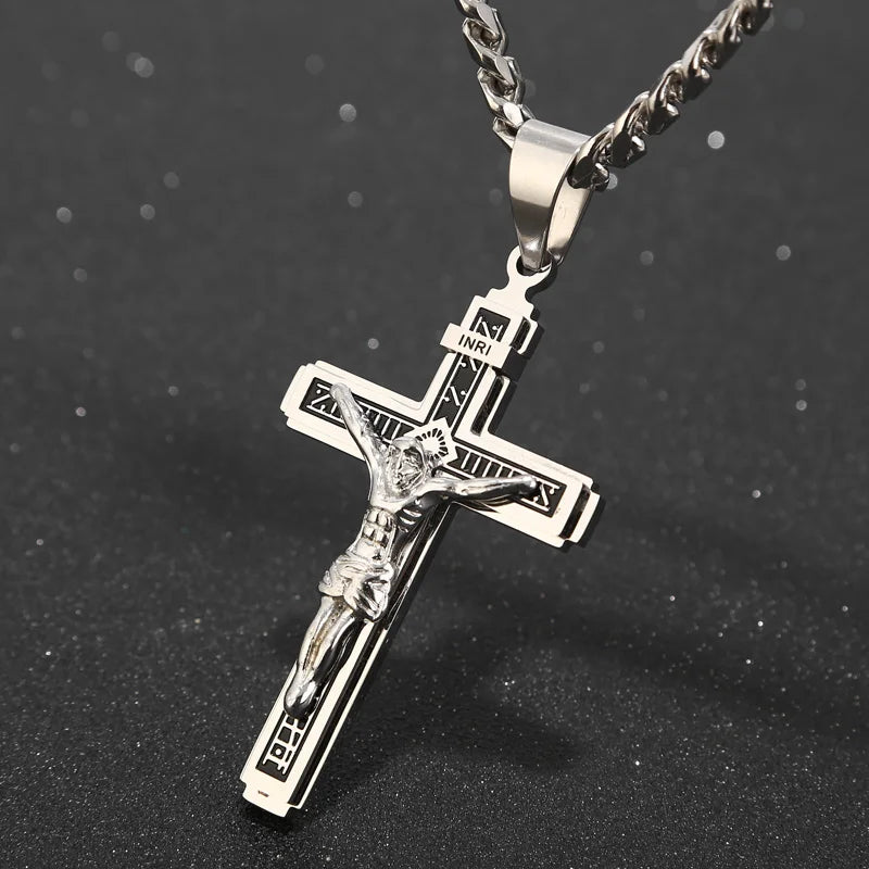 Stainless Steel Crucifix Jesus Cross Necklace Pendant Multilayer Jesus Christ Crucifix Necklaces with 24'' Chain Top Quality