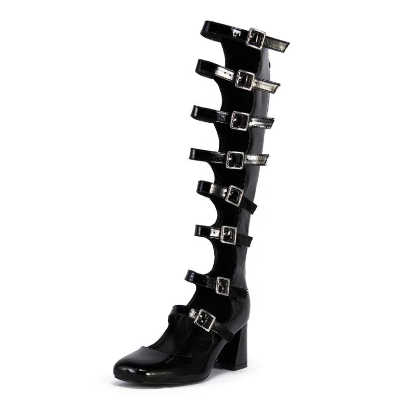 Summer Belt Buckles Women Knee High Boots Chunky Heels Patent Long Booties Sexy Square Toe Back Zipper Sandals Shoes