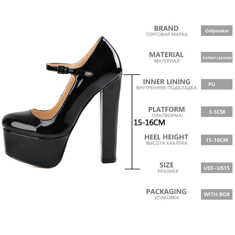 Onlymaker Women Mary Jane Platform Pumps Ankle Strap Thick Round Heel High Heels Dress Buckle Large Size Brand Shoes