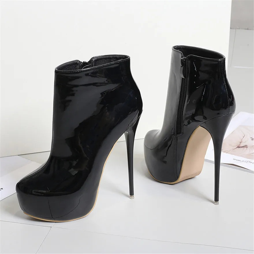 Big Size 35-47 Patent Leather Women Boots Round Toe Side Zipper Super High Heels 16CM Pumps 2025 Sexy Platform Party Shoes Woman
