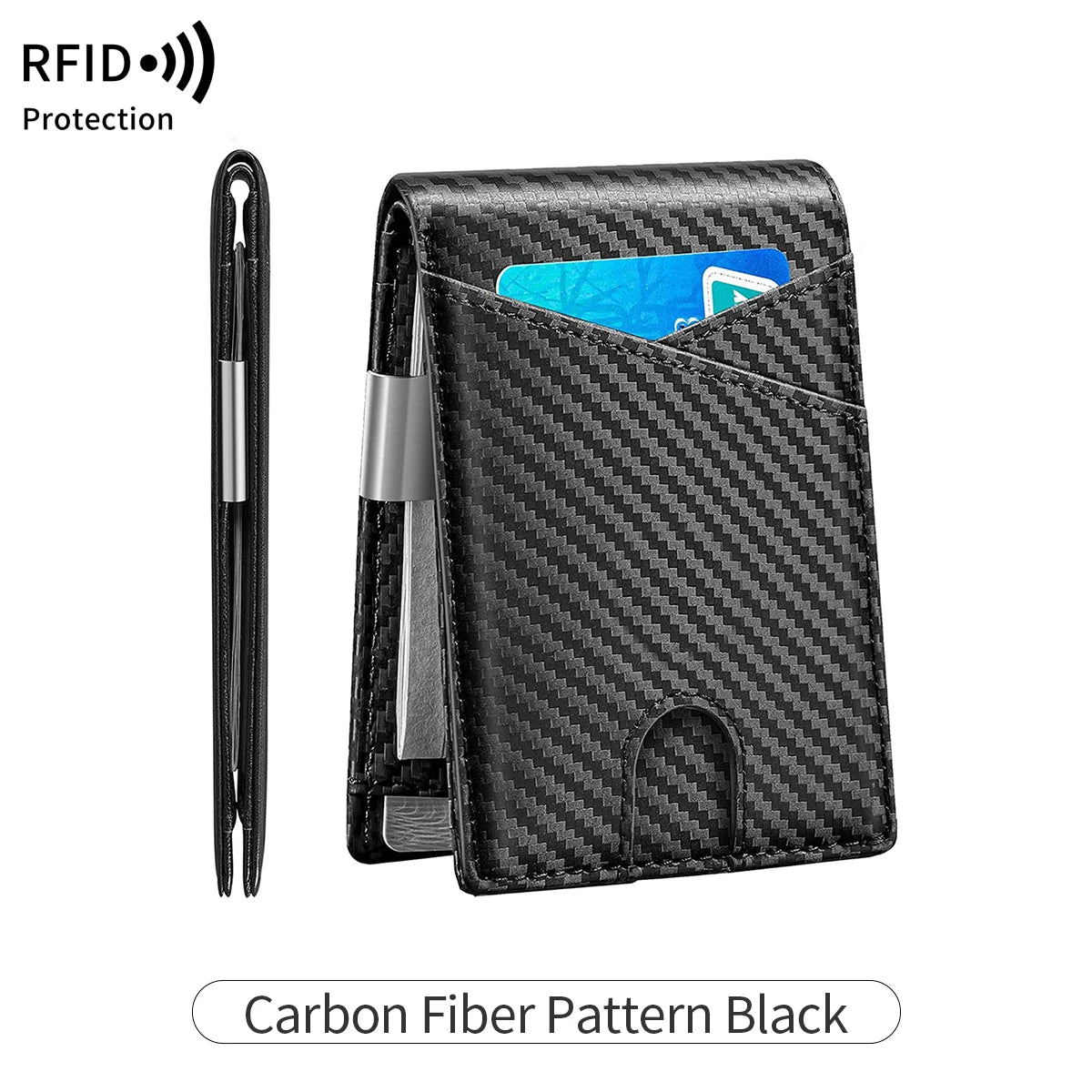 RFID Blocking Men's Carbon Fiber Pattern Wallet Minimally Thin Double Fold Credit Card Holder Portable Front Pocket Wallet